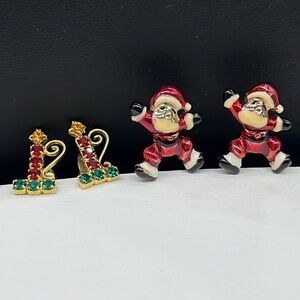 2 pair of Christmas earrings, rhinestone candle sticks and VGT Santa earrings
